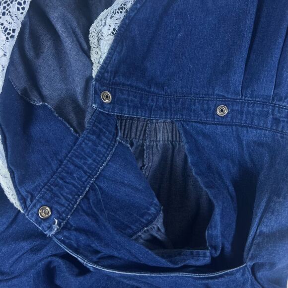 Vintage 80s Denim Prairie Dress Lace Collar M/L Cottagecore Coastal Cowgirl Midi - Picture 7 of 12